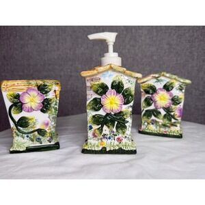Vintage 80s 90s Ceramic Floral Cottage Bathroom Set Soap Dispenser Toothbrush‎